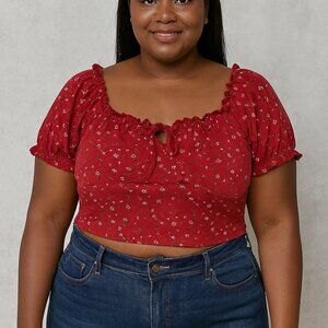 PrettyLittleThing Red Floral Babydoll Crop‎ Top 18